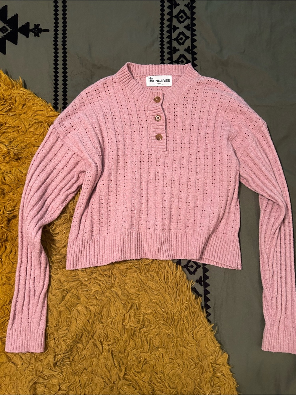 No Boundaries Pink Knit Button Henley Sweater